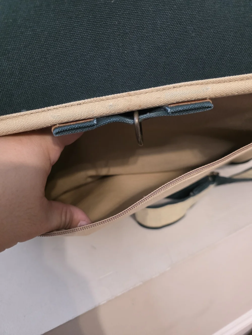 Dark Green Canvas Messenger Bag with Cream Trim